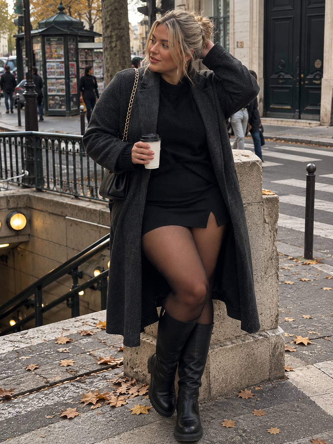 Femme en jupe et bottes portant le collant polaire Céleste à Paris