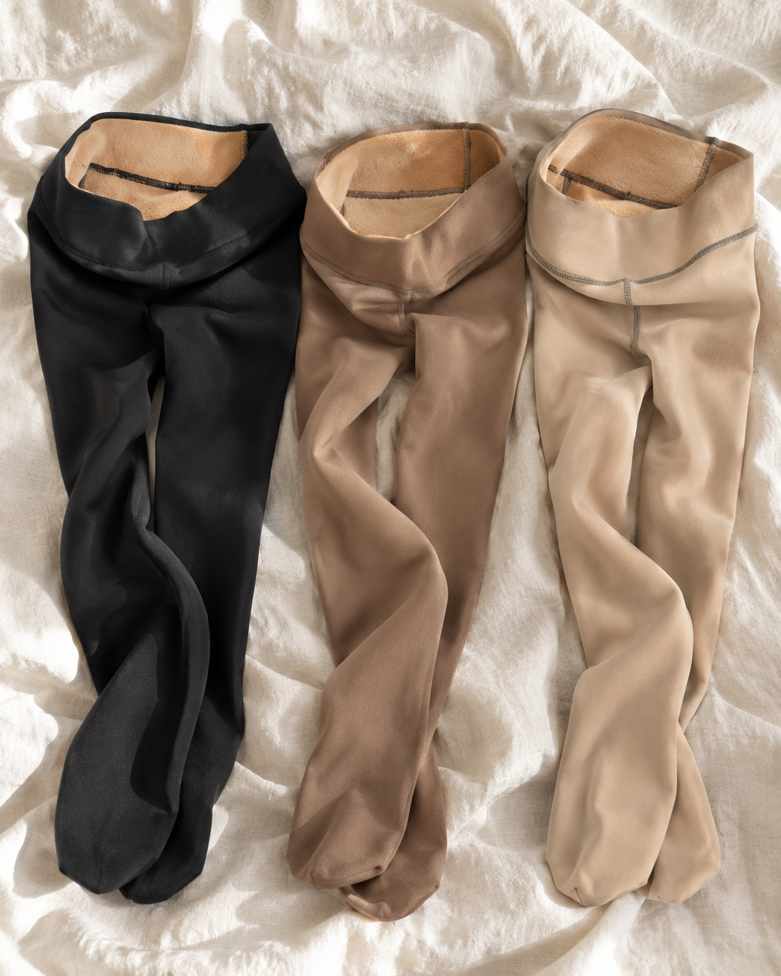 Les 3 teintes du collant Céleste avec la doublure polaire visible
